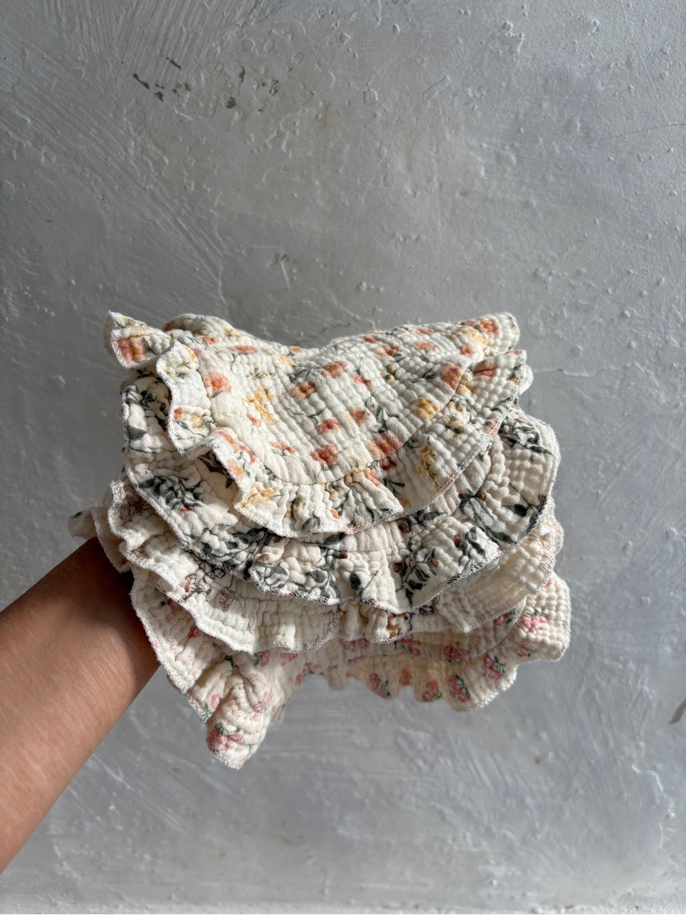 100% Cotton gauzy ruffled baby bibs in botanical prints